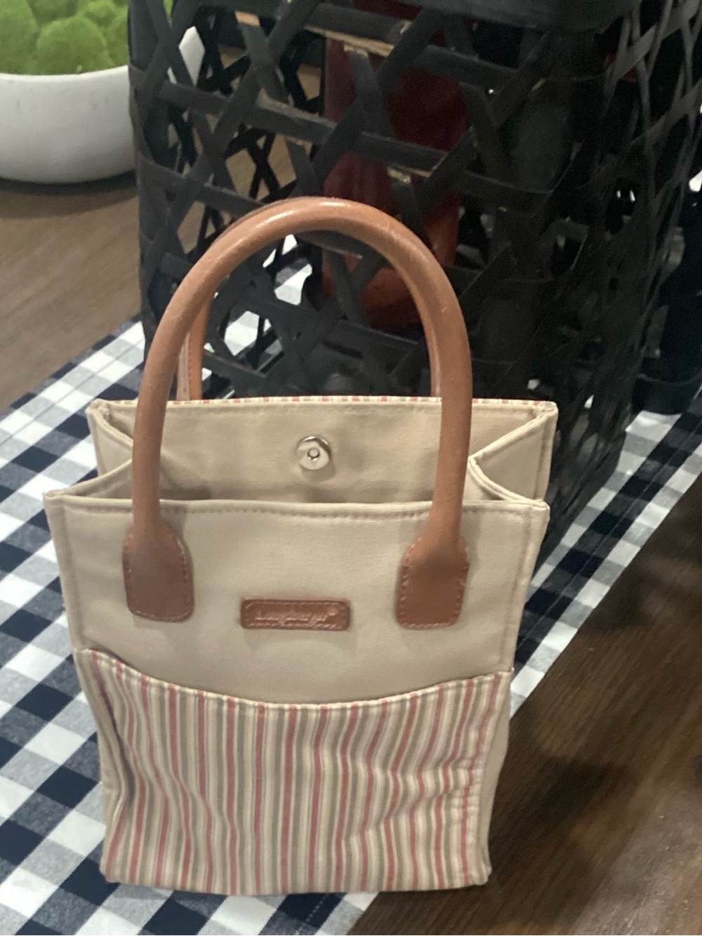 Longaberger Beige Canvas Tote with Brown Handles and Striped Front